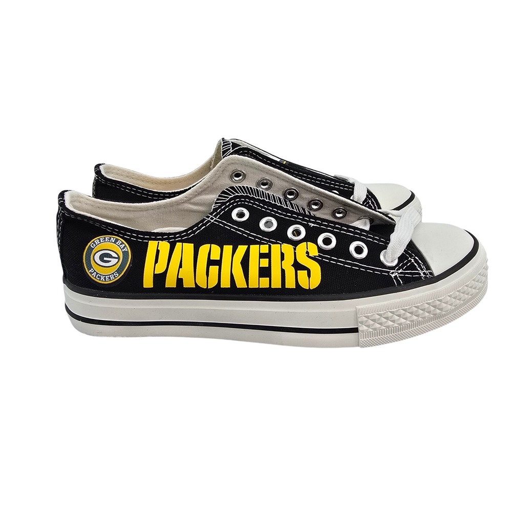 E-LOY Green Bay Packers Canvas Low Top Sneakers Black Yellow NFL Fan Shoes 35